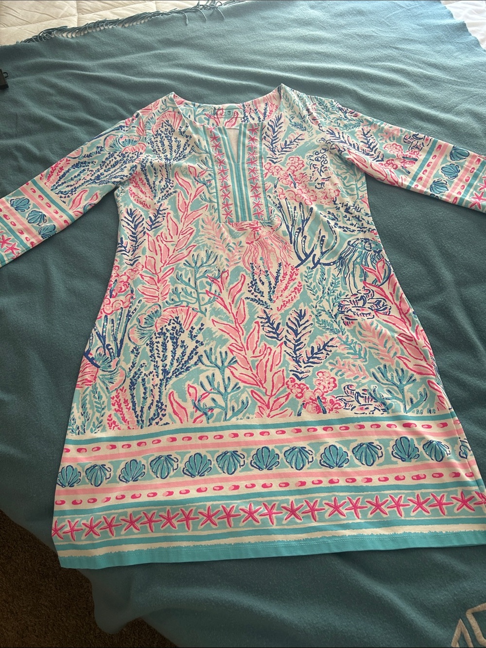 REZOBAY Resort Luxury Wear Tunic Dress L Coastal Shell Starfish Print
